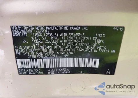 2012 Toyota Rav4 from USA, damaged, VIN 2T3BF4DV6CW266241